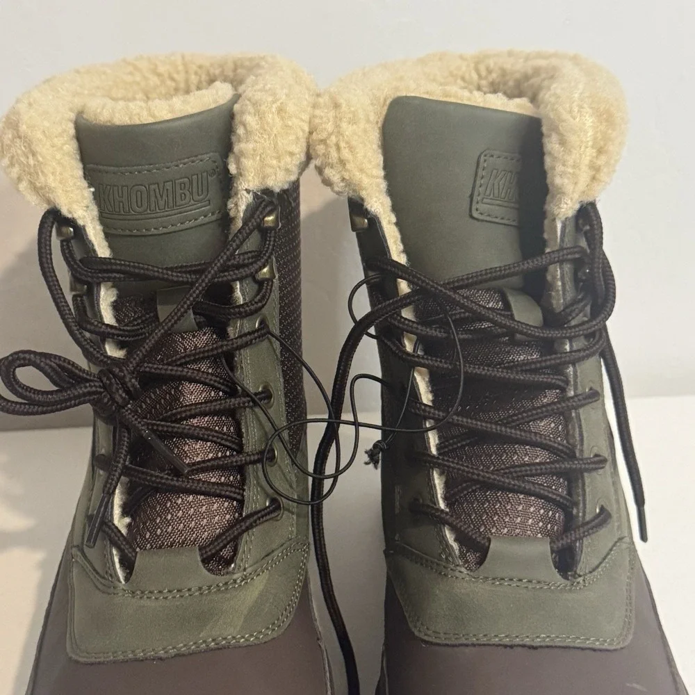 Khombu Mens Tall Winter Thermo Lite Fuzzy Lining Brown Green Boots Size 12M NEW